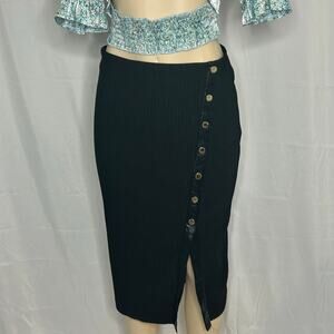 Marc New York Black Ribbed Button Front Midi Skirt Slit